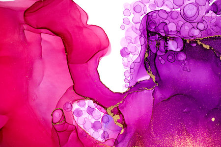 Abstract watercolor pink and violet gradient pattern with gold glitter and drops texture.の写真素材
