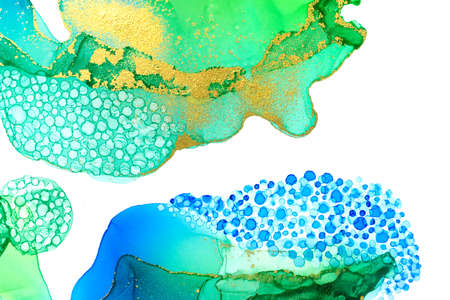 Abstract watercolor ink green and blue texture with gold glitter and place for text.