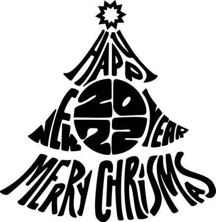 Merry Christmas and Happy New Year 2022 lettering christmas tree with star poster vector template design.のイラスト素材