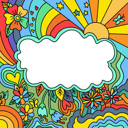 Hippie style cloud frame in ethnic style with rainbow, sun, stars and flowers. Vivid color vector illustration.のイラスト素材