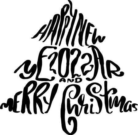 Happy New Year 2022 and Merry Christmas lettering christmas tree with star poster vector illustrationのイラスト素材