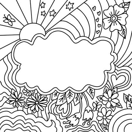 Coloring book cloud frame. Sun, rainbow, stars and flowers sketch vector illustration.のイラスト素材