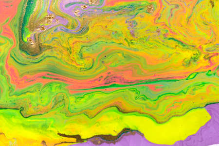 Abstract green, yellow and purple wave mix ink texture. Marble background.