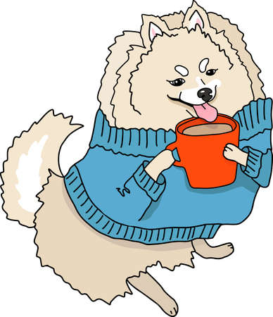 Pomeranian dog in blue sweater drinking drink from mug. Spitz holding red cup. Vector illustrationのイラスト素材