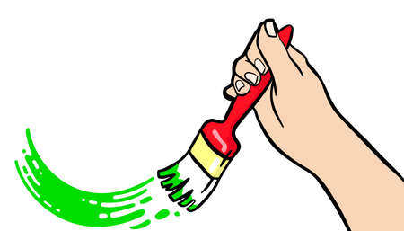 Artist draws. Man holding a brush. Painter painting the wall. Vector illustration.のイラスト素材