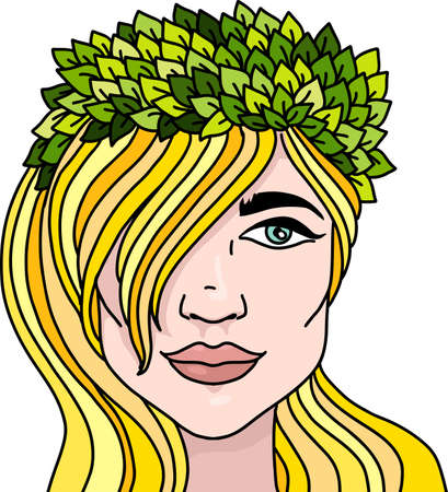 Blondy girl portrait with green leaves in her hair.のイラスト素材