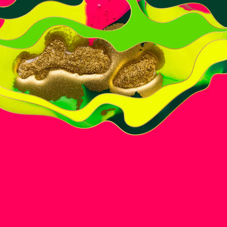 Beautiful pink template with gold dust and colorful waves.の写真素材