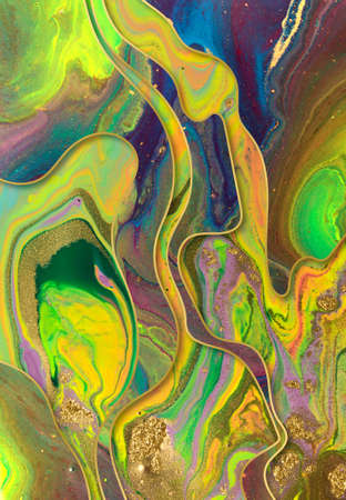Gold dust and waves on fluorescent inks background.