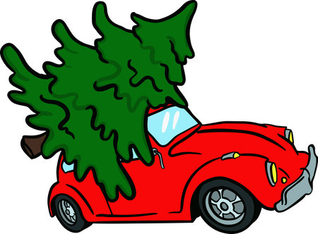 Red retro car with green Christmas tree on the roof. Sketch vector illustration for greeting card.のイラスト素材