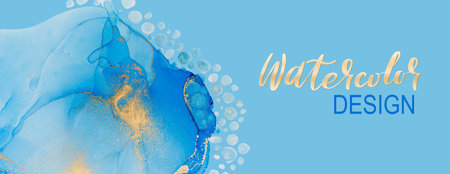 Abstract blue watercolor pattern with drops, blobs and golden partsの写真素材