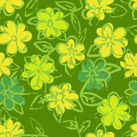 Dry Brush Flower Seamless Green Pattern. Hand Drawn Artwork Backgroundのイラスト素材