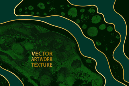 Deep Emerald Green Waves and Swirls with Golden Layers Vector Artwork Texture.のイラスト素材