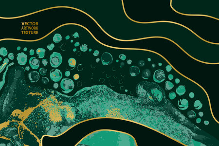 Deep Emerald Green Waves and Swirls with Golden Layers Vector Artwork Texture.のイラスト素材