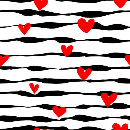 Free Hand Brush Strokes and Hearts Seamless Pattern. Hand Drawn Artwork Abstract Vector Backgroundのイラスト素材