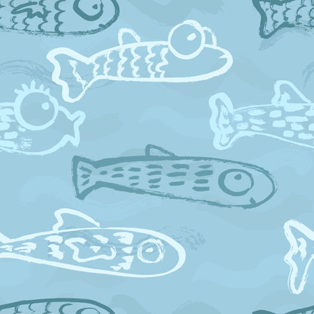Abstract Seamless Dry Brush Pattern with Fishのイラスト素材