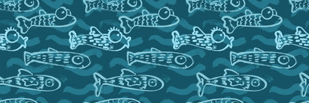 Abstract Seamless Dry Brush Pattern with Fishのイラスト素材