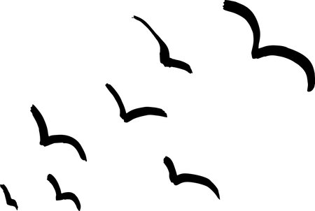 Flying Flock of Birds Hand Drawn Brush Illustration.のイラスト素材