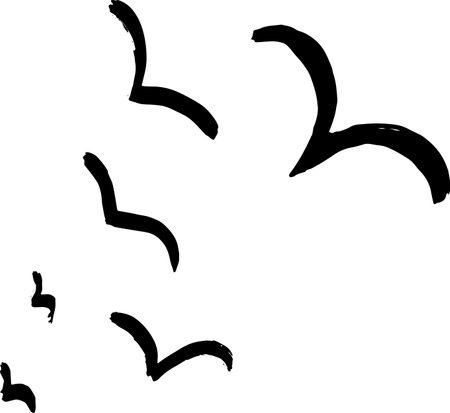 Flying Flock of Birds Hand Drawn Brush Illustration.のイラスト素材