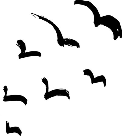 Flying Flock of Birds Hand Drawn Brush Illustration.のイラスト素材