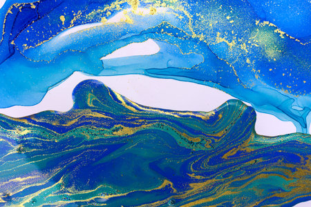 Marbled Blue Abstract Background. Liquid Marble Pattern with Gold Powder.