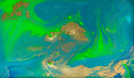 Blue, Green and Gold Ebru Pattern Imitationの写真素材