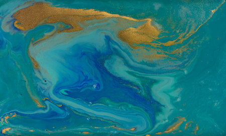 Golden Wave Veins on Blue Marble Background.の写真素材