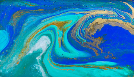 Marbled Blue Abstract Background. Liquid Marble Pattern with Gold Powder.の写真素材