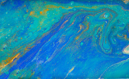 Golden Wave Veins on Blue Marble Background.の写真素材