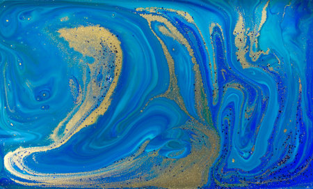 Marbled Blue Abstract Background. Liquid Marble Pattern with Gold Powder.の写真素材