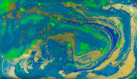 Blue, Green and Gold Ebru Pattern Imitationの写真素材