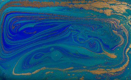 Marbled Blue Abstract Background. Liquid Marble Pattern with Gold Powder.の写真素材