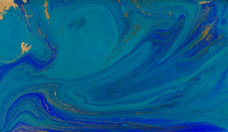 Marbled Blue Abstract Background. Liquid Marble Pattern with Gold Powder.の写真素材