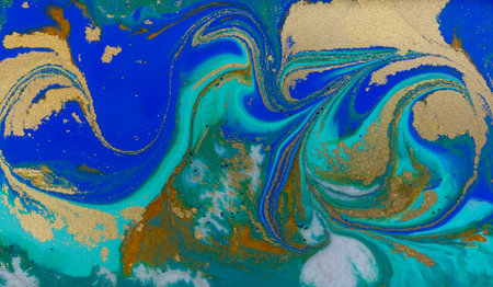 Marbled Blue Abstract Background. Liquid Marble Pattern with Gold Powder.の写真素材