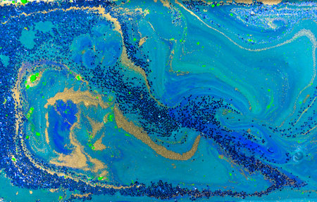 Marbled Blue Abstract Background. Liquid Marble Pattern with Gold Powder.の写真素材