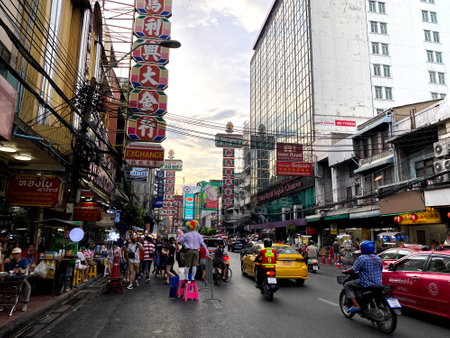Bangkok, Thailand - June, 05, 2023; Cars and shops on Chinatown Roadのeditorial素材