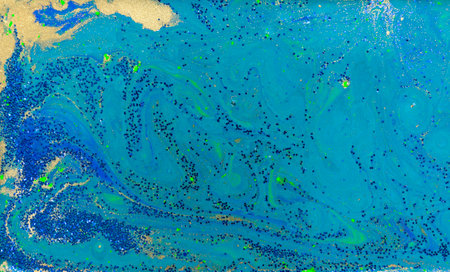 Blue Glitter on Liquid Mixed Inks Artwork Backgroundの写真素材