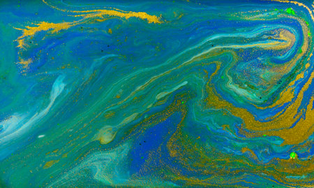 Artwork Flow of Gold and Blue Paint Abstract Textureの写真素材