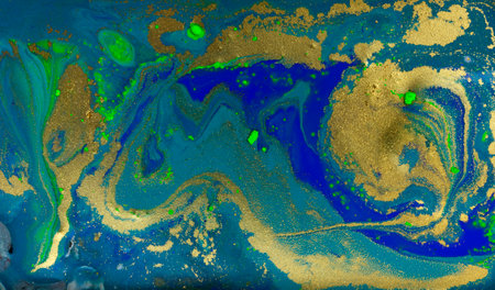 Marbled Blue Abstract Background. Liquid Marble Pattern with Gold Powder.の写真素材