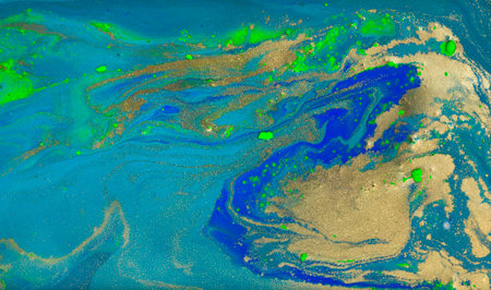 Blue, Green and Gold Ebru Pattern Imitationの写真素材