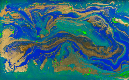 Golden and Green Wave Veins on Blue Marble Background.の写真素材