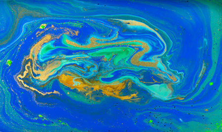 Liquid Flow of Gold and Blue Acrylic Patternの写真素材