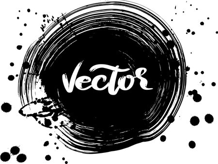 Real Hand Drawn Black Ink Paint Dry Brush Circle Grunge Banner with Drops.のイラスト素材