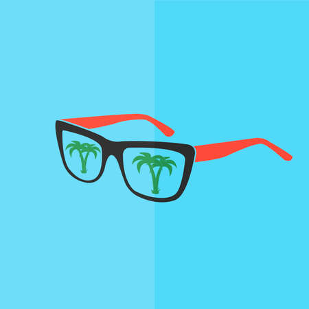 Sunglasses with tropical island reflection vector icon. Flat design