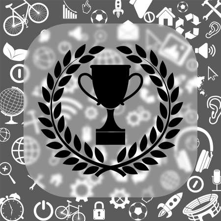trophy in laurel wreath vector icon - matte glass button on background consisting of different iconsのイラスト素材
