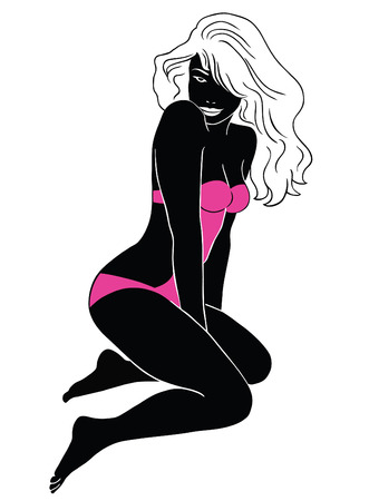 Black silhouette of beautiful woman with long hair in pink bikini.のイラスト素材