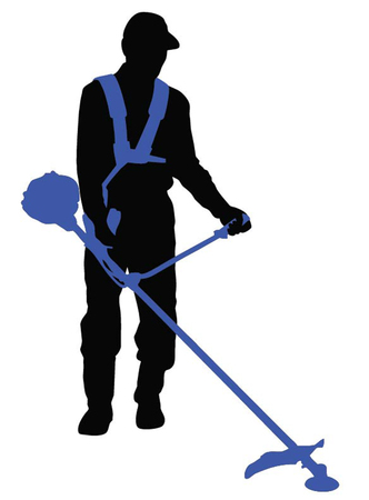 Black silhouette of man cutting grass in garden with grass cutter.のイラスト素材
