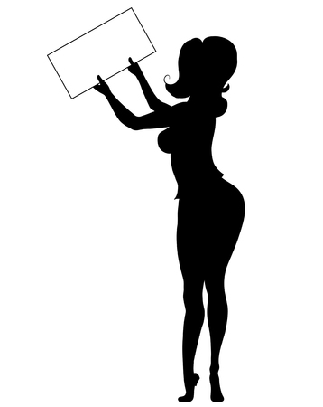 Silhouette of beautiful pinup girl standing and holding a board.のイラスト素材