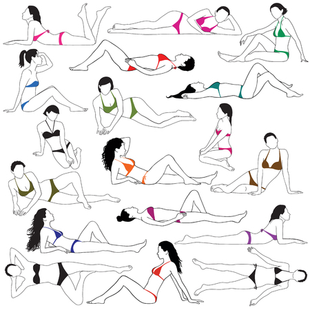 Set of silhouettes of slim beautiful woman laying in bikini.のイラスト素材