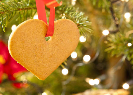 a heartshaped gingerbread is hanging in a christmas treeの写真素材