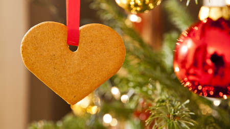 a heartshaped gingerbread is hanging in a christmas treeの写真素材